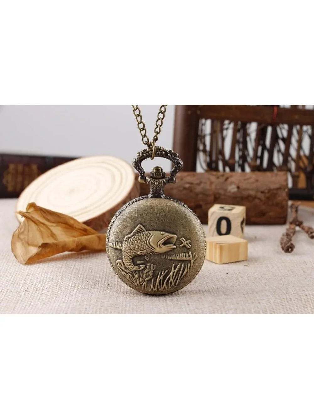 Men's Brown Analog Quartz Fesh Shape Pendant Necklace Round Case Pocket Watch